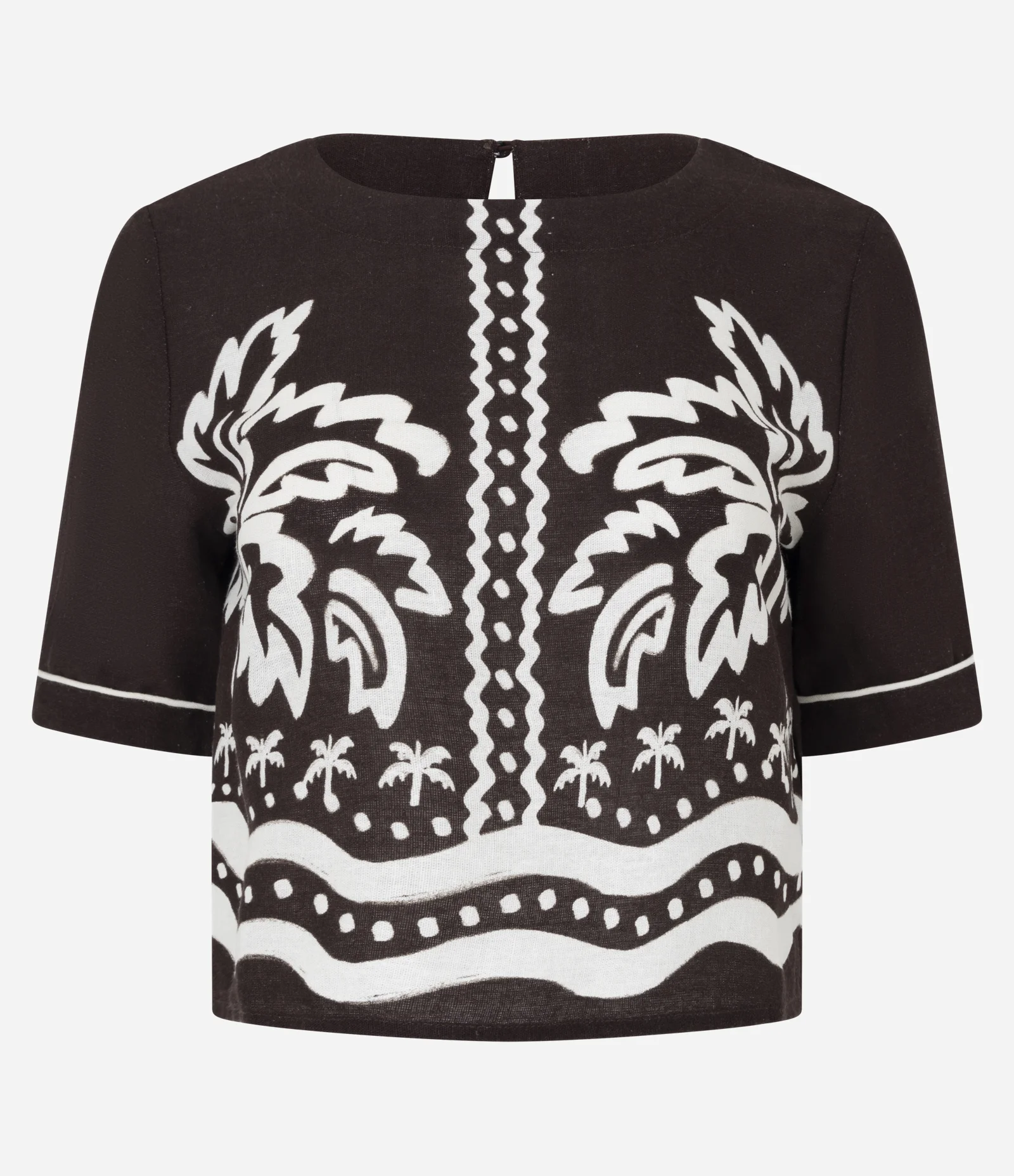 Blusa Curta em Viscolinho com Estampa de Coqueiros Marrom 1