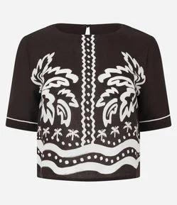 Blusa Curta em Viscolinho com Estampa de Coqueiros