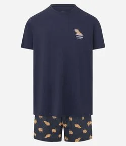 Pijama Curto em Algodão com Estampa de Capivara