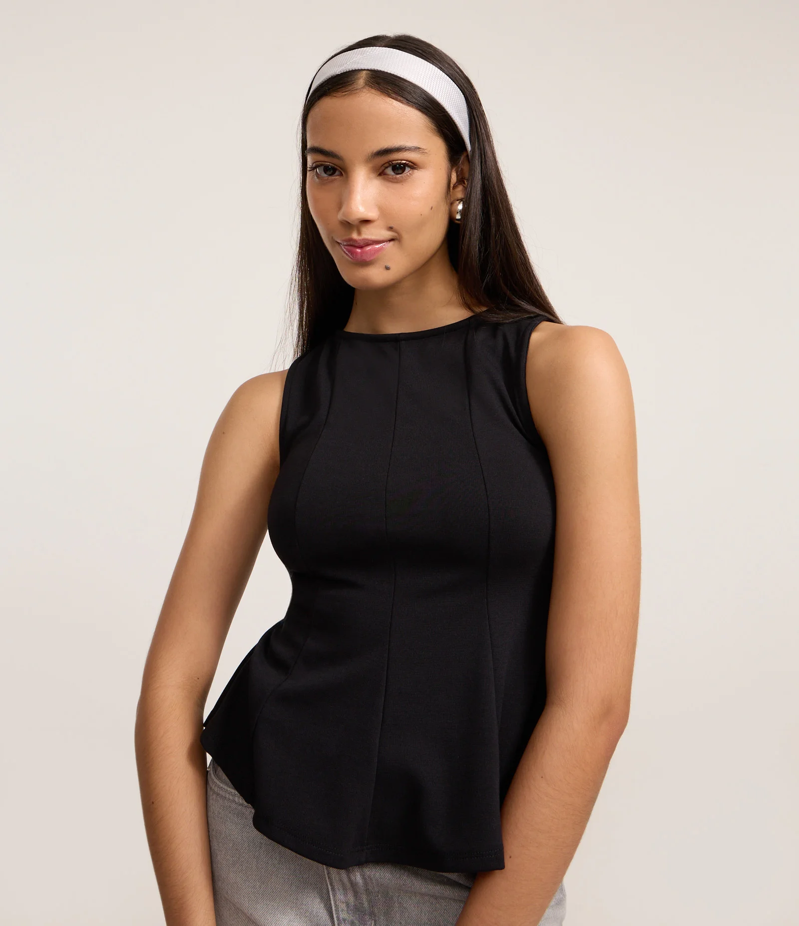 Blusa Peplum Alongada em Ponto Roma com Alça Larga Preto 1