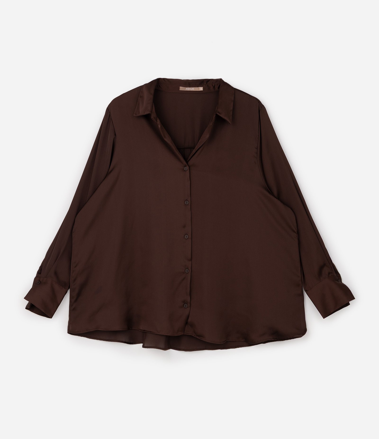 Camisa Regular em Cetim com Vista de Botões Marrom Escuro 1