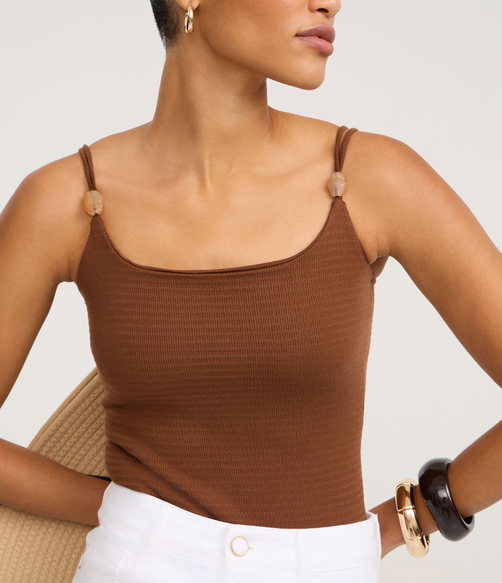 Body Texturizado em Poliamida com Aviamento na Alça Dupla Marrom 5