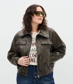 Jaqueta Bomber com Efeito Manchado Bolsos Curve e Plus Size