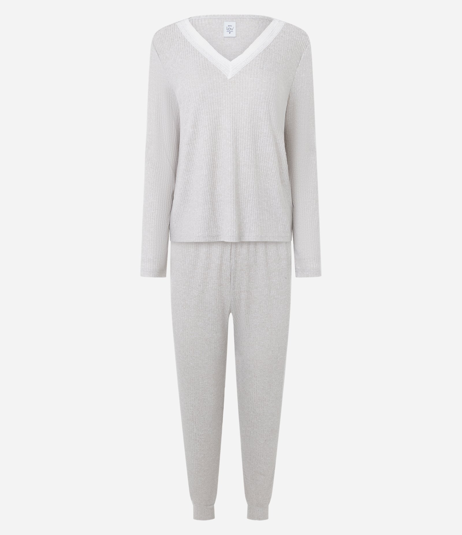 Pijama Longo Com Detalhes em Renda Cinza 1