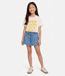 Camiseta Infantil Alongada com Estampa Ícones – Tam 5 A 14 Anos
