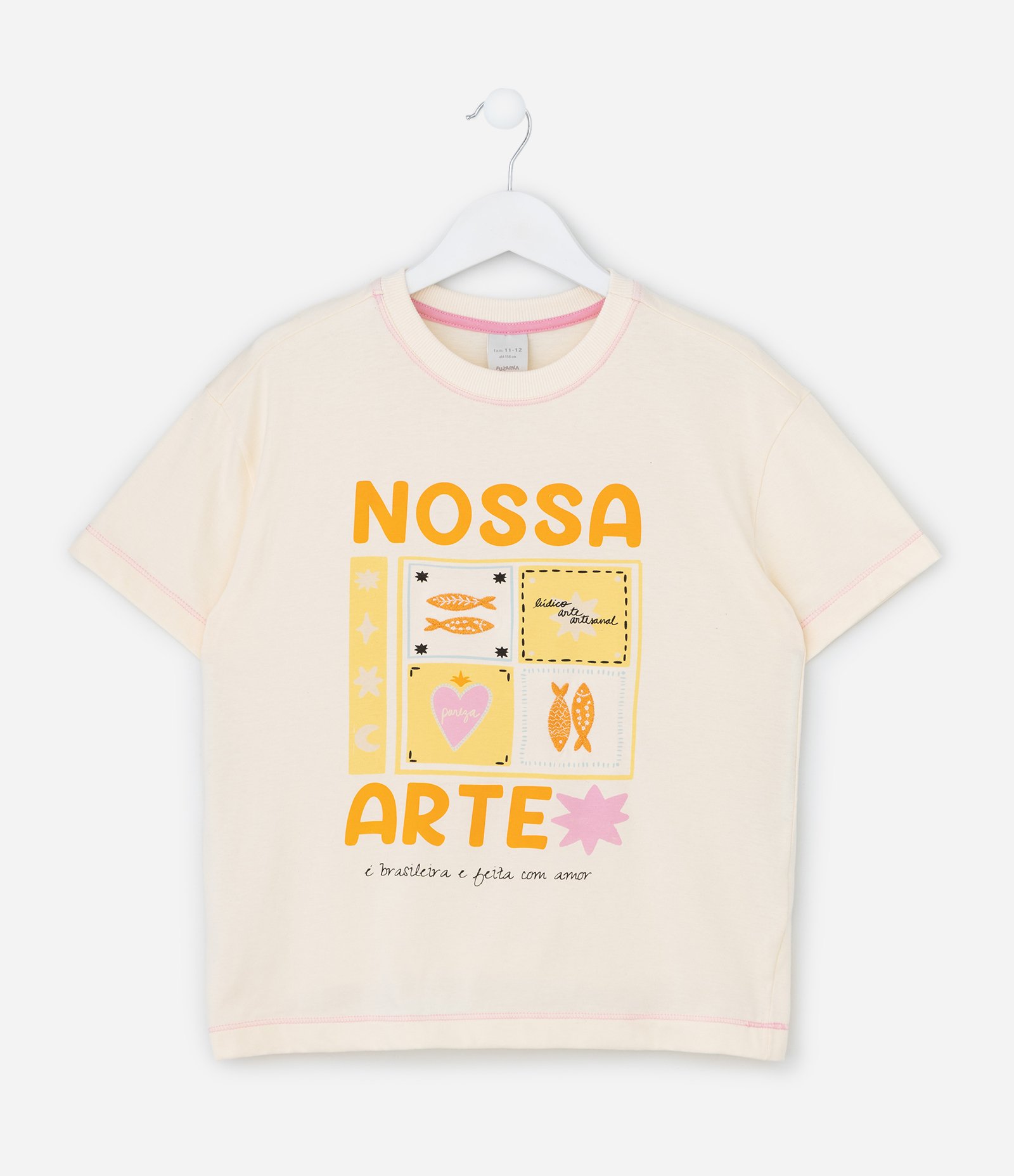 Camiseta Infantil Alongada com Estampa Ícones – Tam 5 A 14 Anos Off White 1