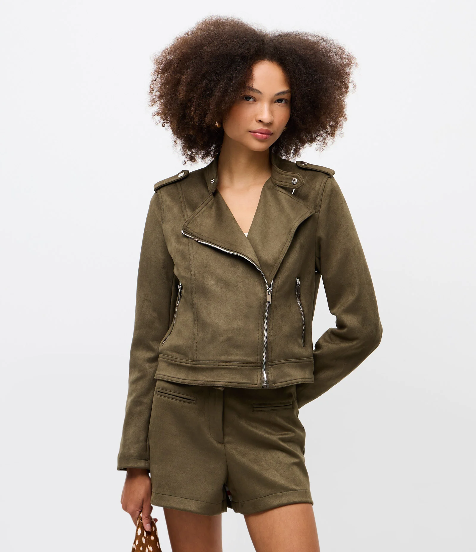 Jaqueta Biker em Suede com Zíper Verde 1