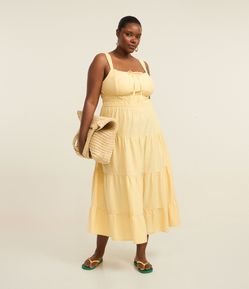 Vestido Midi em Sarja com Alças e Recortes