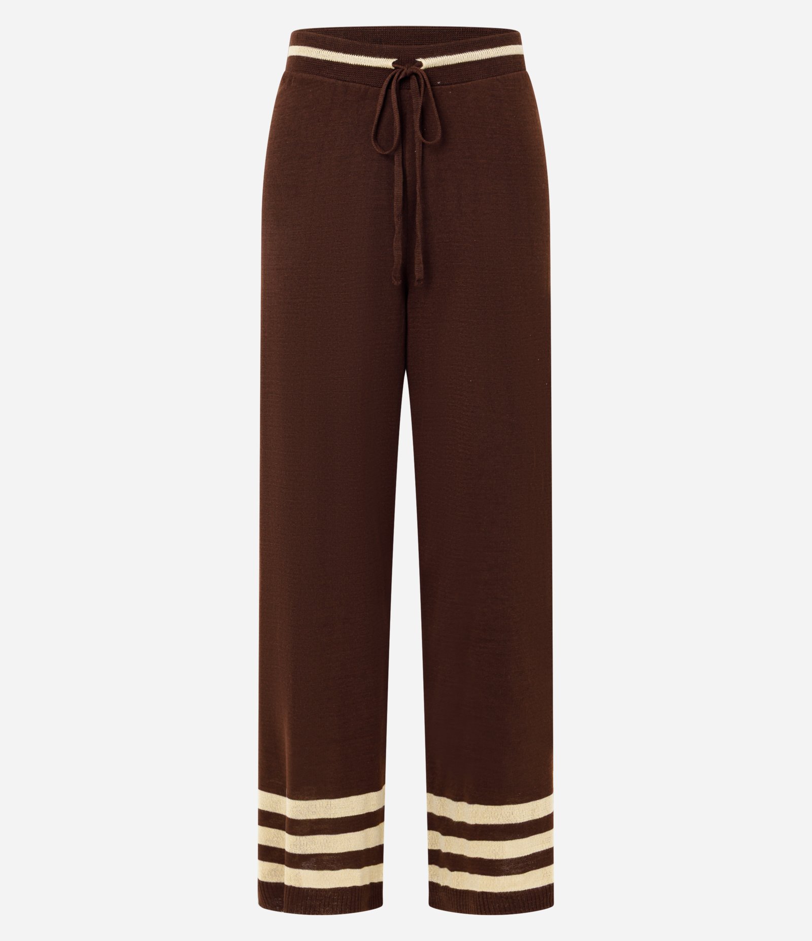 Calça Reta em Tricô com  Detalhes de Listras Marrom 1