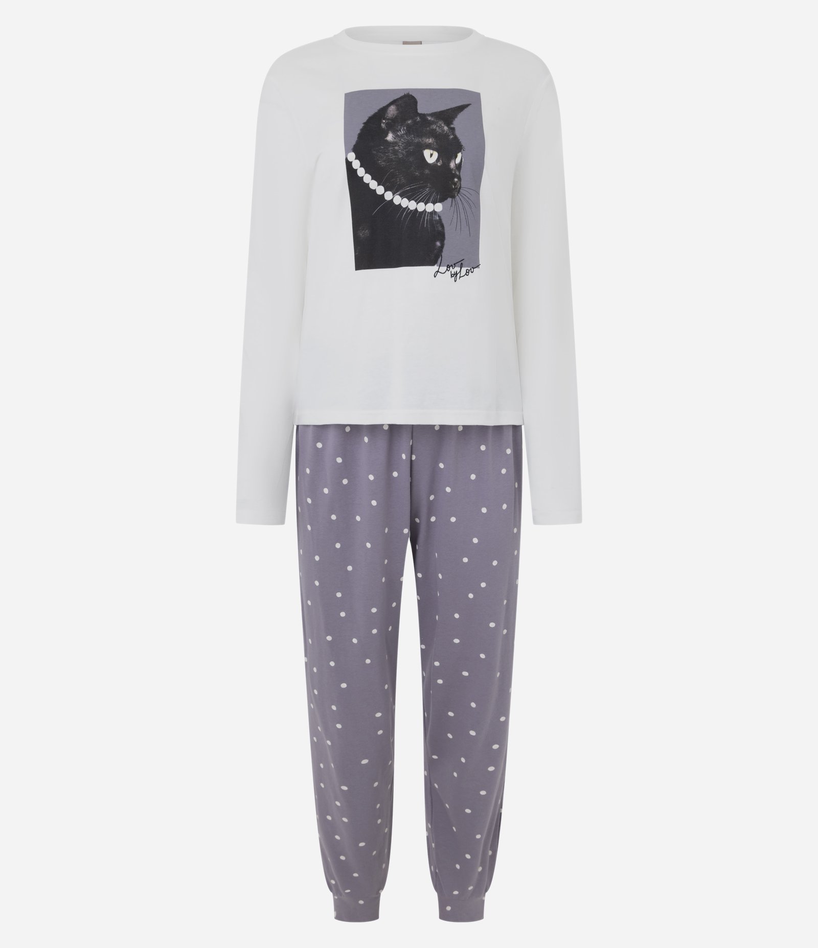Pijama Longo em Algodão com Estampa de Gato Branco/Roxo 1
