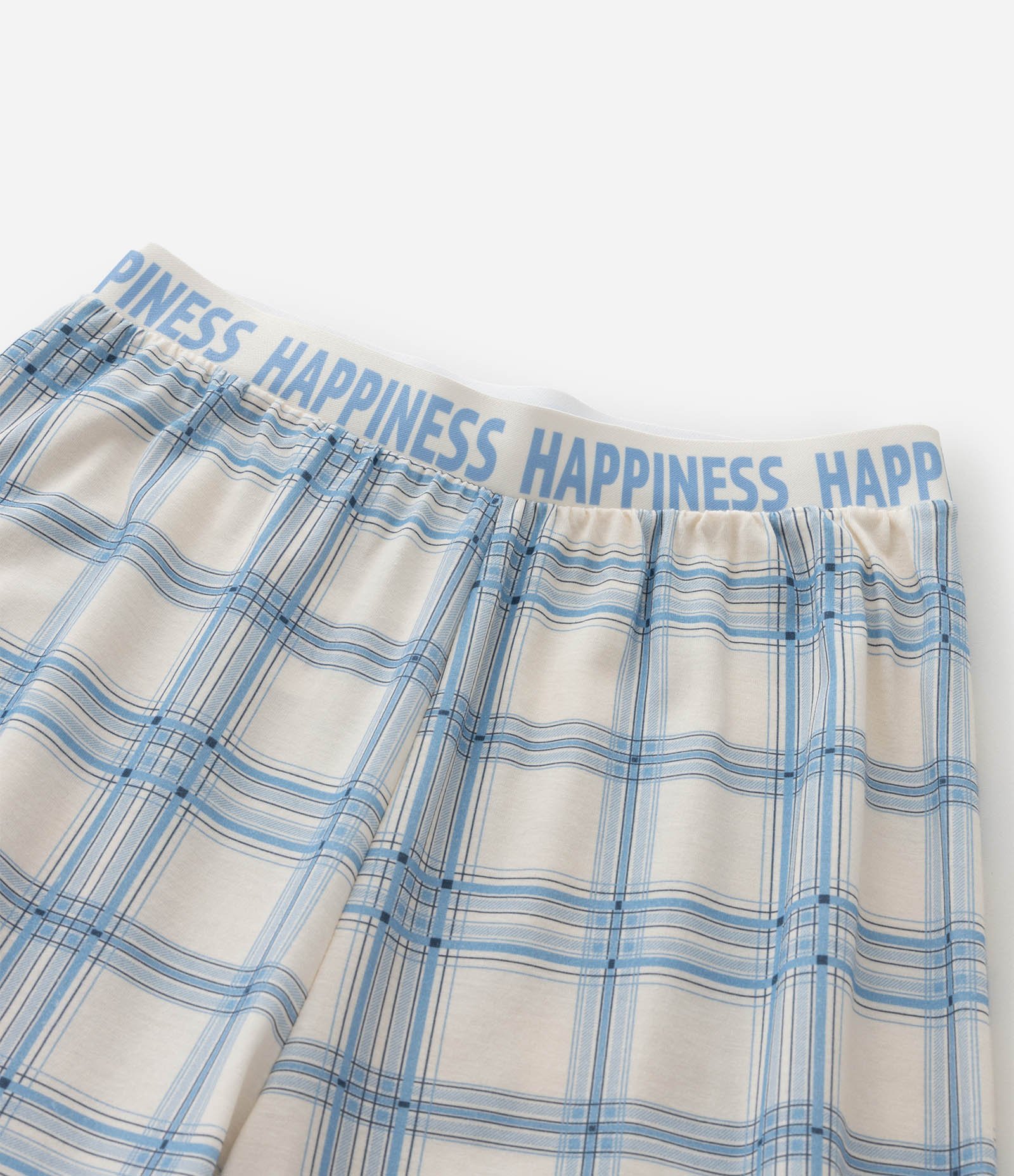 Pijama Infantil Longo em Meia Malha com Estampa Xadrez e Lettering – Tam 7 a 16 Anos Off White/Azul 9