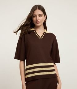 Blusa Polo Oversized em Tricô com Detalhes de Listras