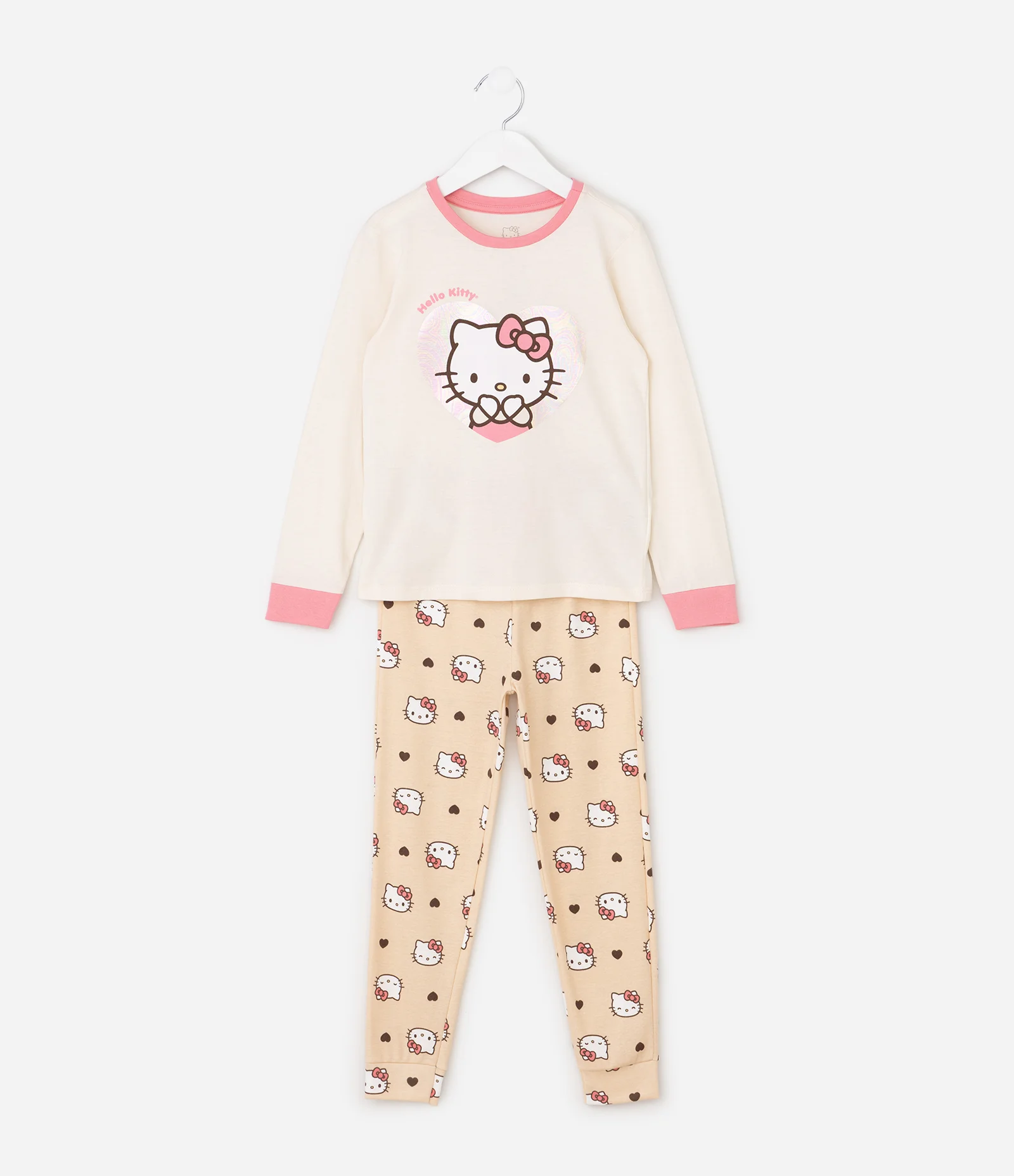Pijama Longo Infantil Hello Kitty com Estampa - Tam 5 a 14 Anos Bege 1