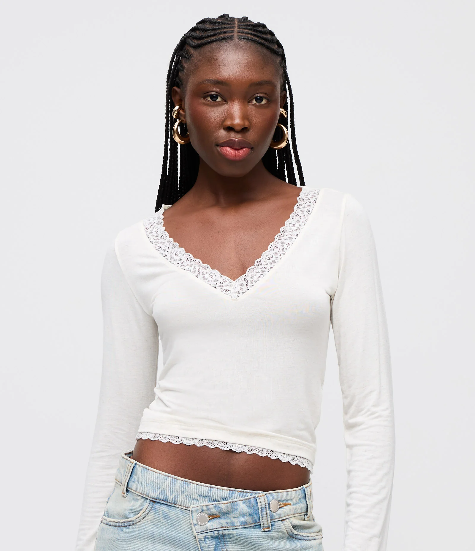 Blusa Manga Longa em Malha Texturizada com Renda Aplicada Branco 1