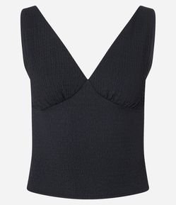 Blusa Texturizada com Decote V e Recorte no Busto