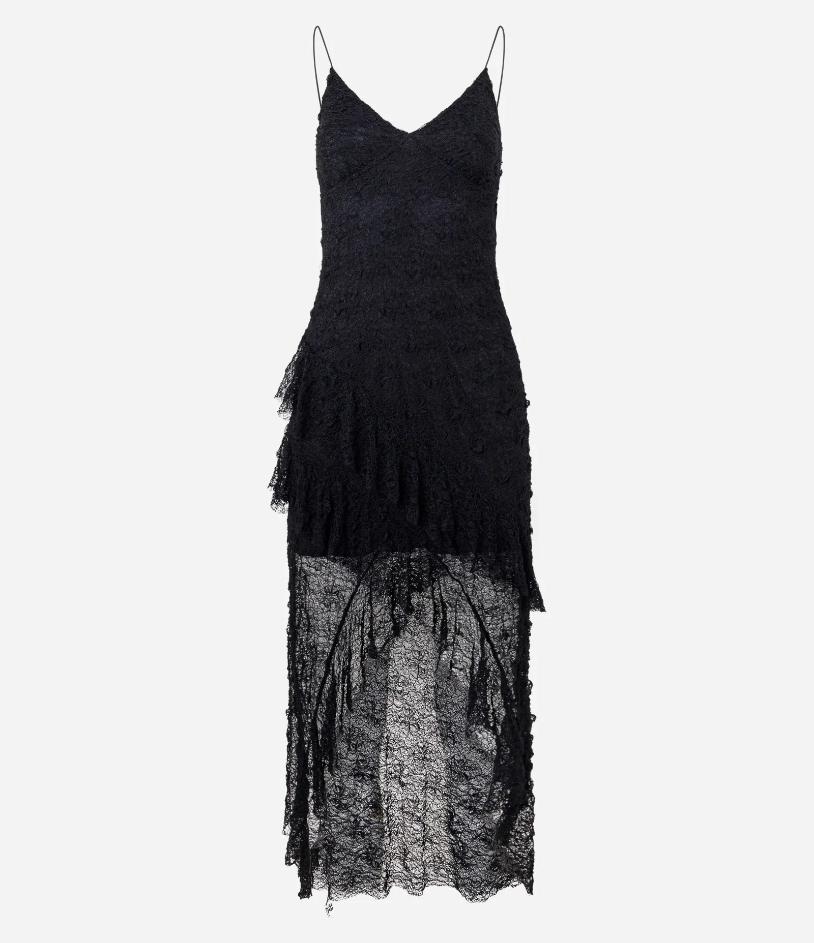 Vestido New Midi com Renda Texturizada e Alças Finas Preto 1