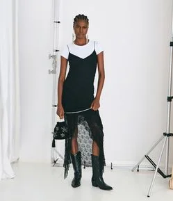 Vestido New Midi com Renda Texturizada e Alças Finas