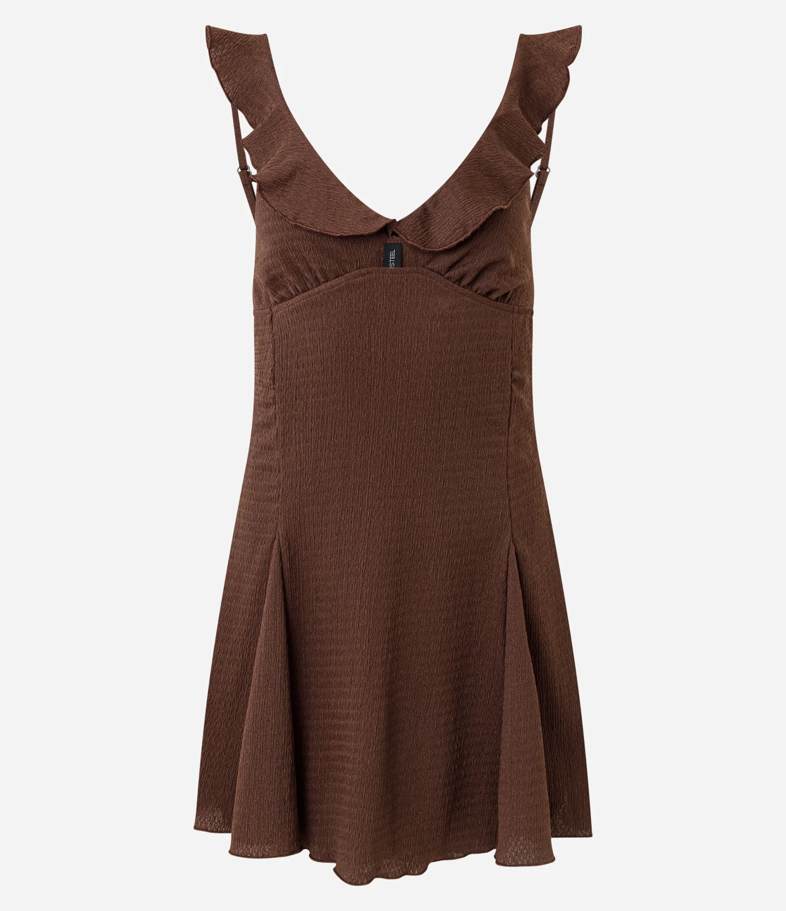 Vestido Evasê Curto com Nesgas na Saia e Texturizado Marrom 5