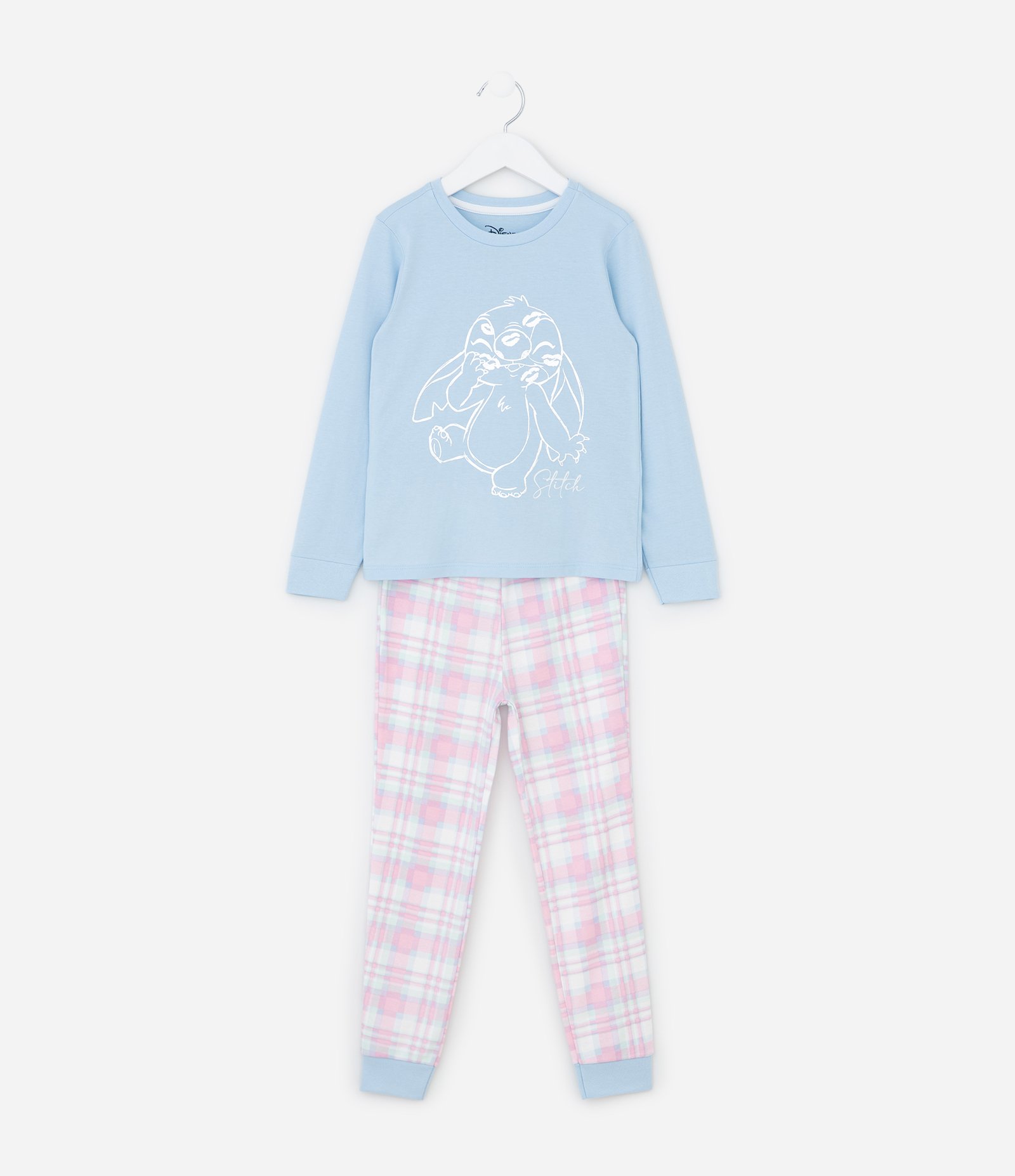 Pijama Infantil Longo Estampa Xadrez e Stitch - Tam 5 a 14 Anos Azul/Rosa 1