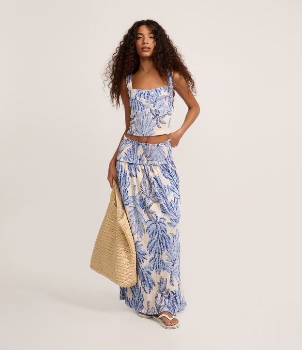 Saia Long Midi com Estampa de Bananeira e Lastex