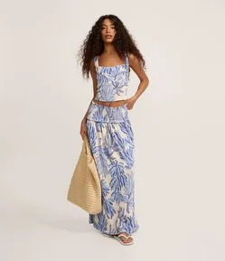 Saia Long Midi com Estampa de Bananeira e Lastex