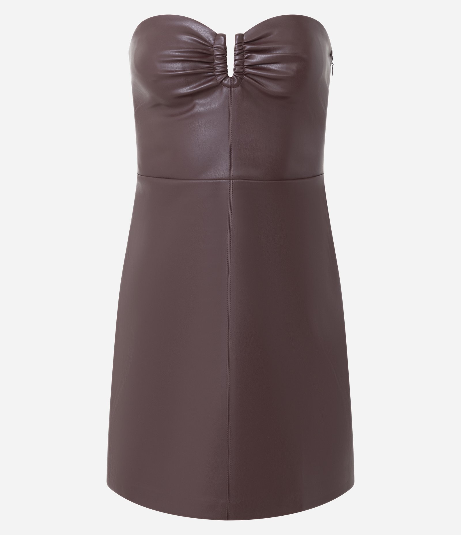 Vestido Curto em PU com Decote Franzido no Busto Marrom 1