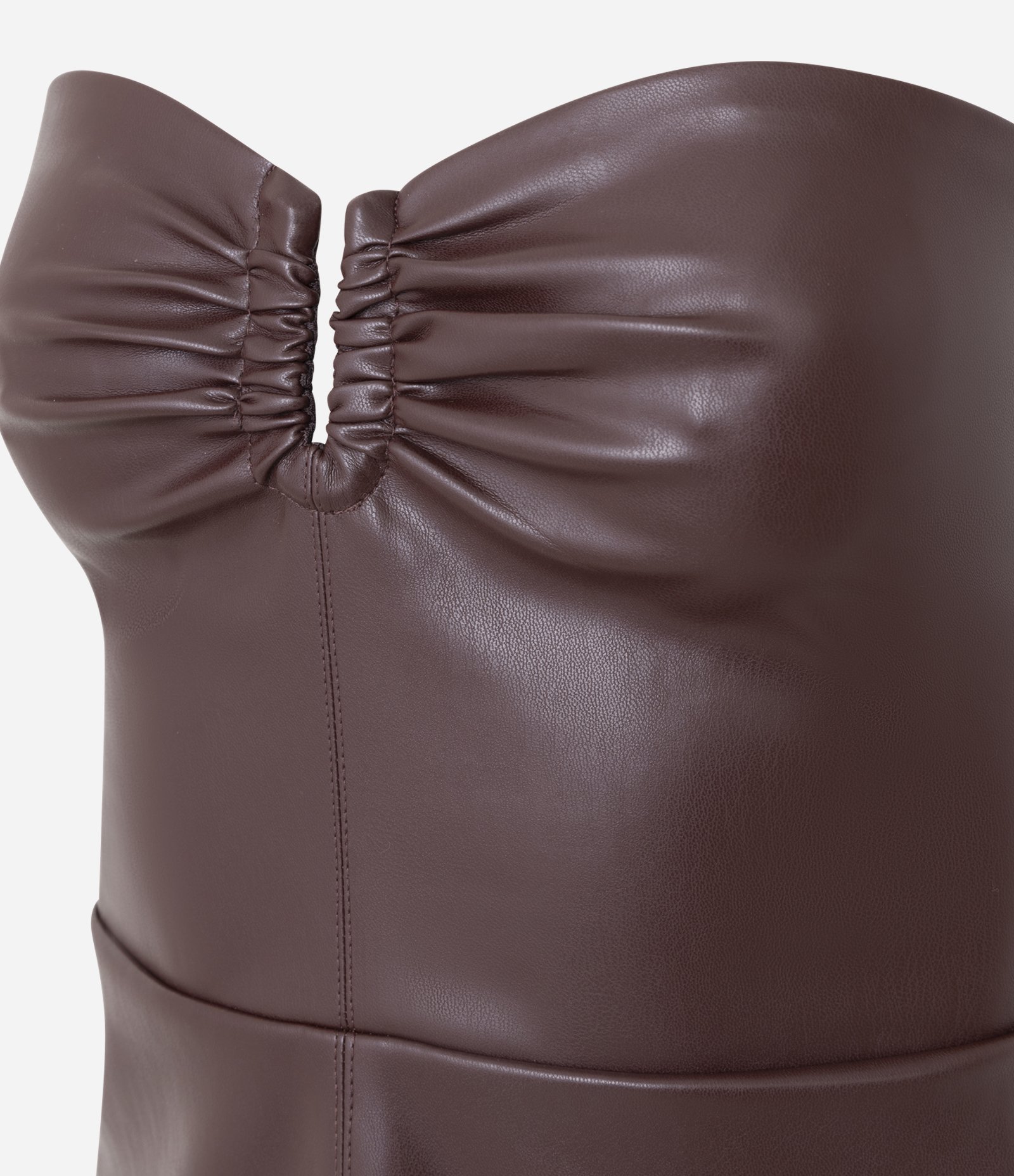 Vestido Curto em PU com Decote Franzido no Busto Marrom 2
