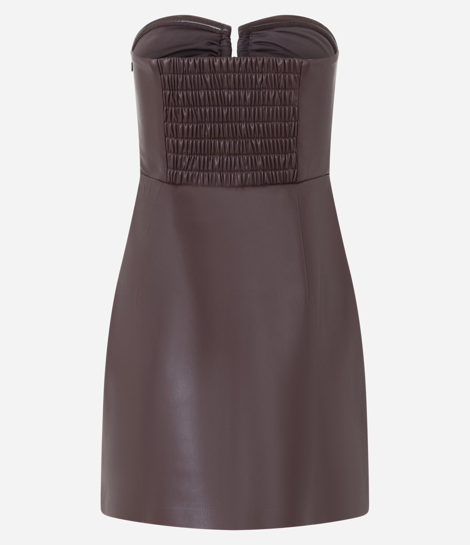 Vestido Curto em PU com Decote Franzido no Busto Marrom 3