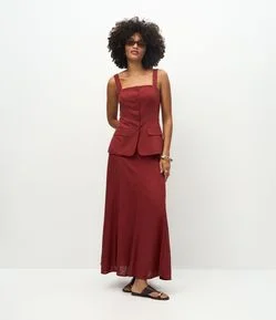 Saia Midi em Viscolinho com Cós Estruturado