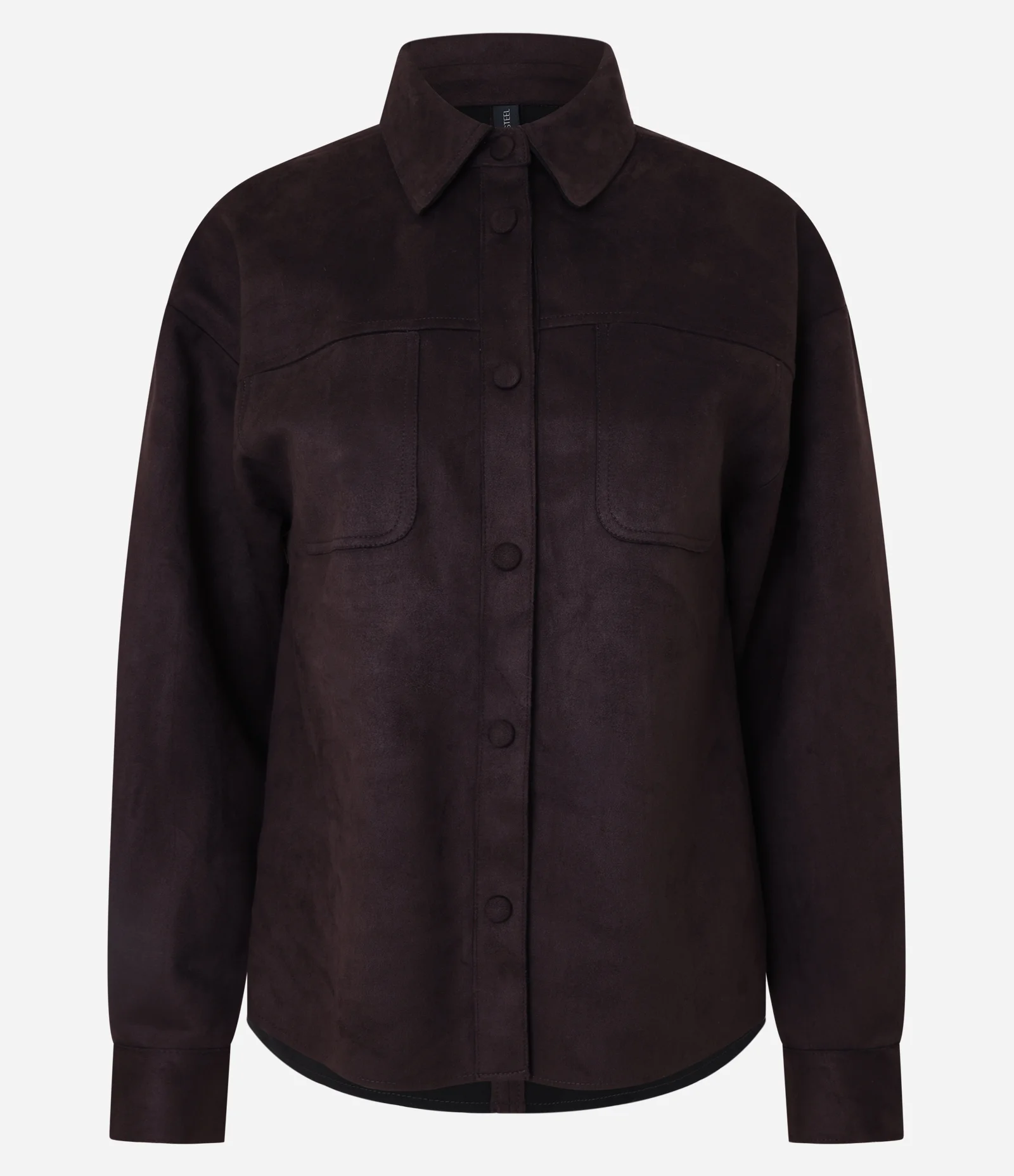 Camisa Manga Longa em Suede com Botões Cobertos Marrom 1