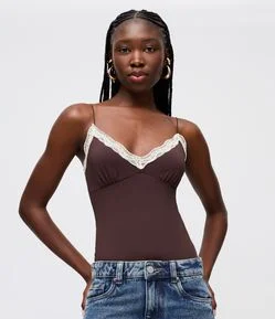 Body em Microfibra com Alcinhas e Decote V Rendado