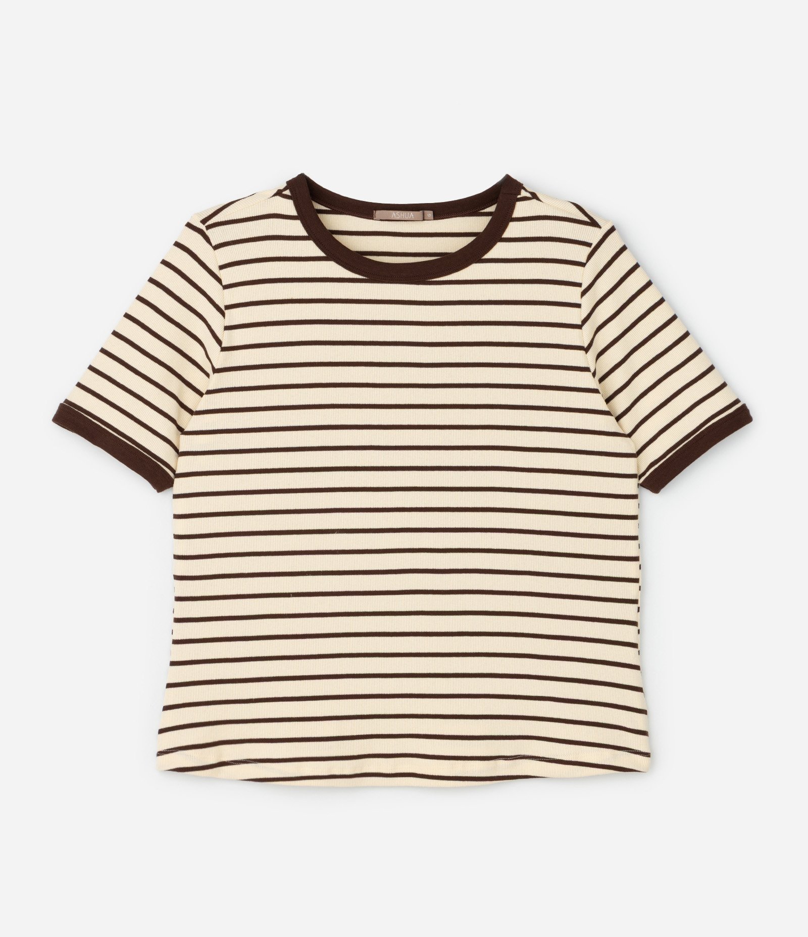 Blusa Baby Look em Ribana Listrada Curve & Plus Size Bege 4