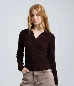 Blusa Texturizada em Tricô Com Gola Polo