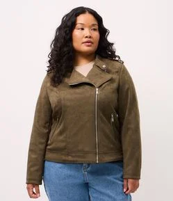 Jaqueta Biker em Suede com Zíper nos Bolsos Curve & Plus Size