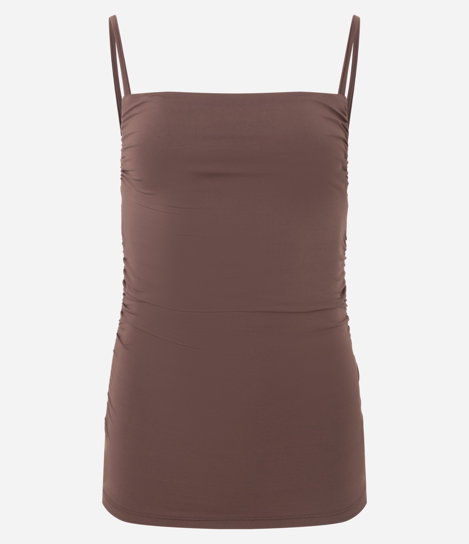 Blusa Meia Malha com Alças Finas e Franzidos nas Laterais Marrom 3