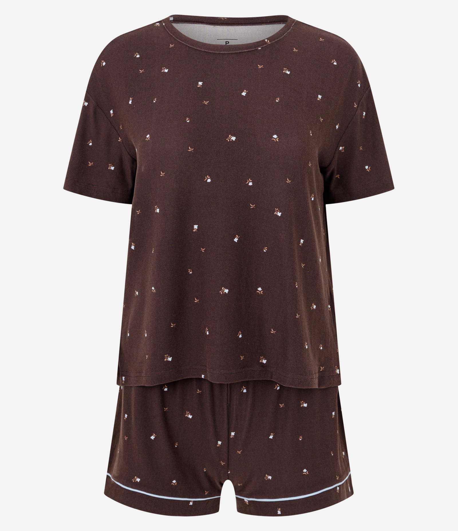 Pijama Curto Feminino Peach Touch Listrado com Pipping Marrom 1