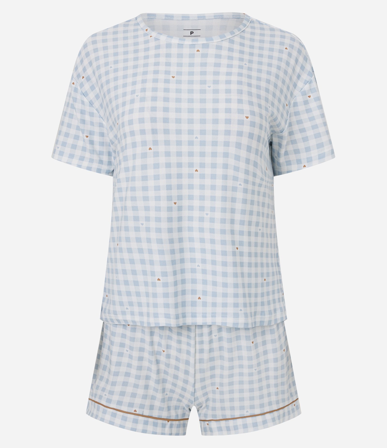 Pijama Curto Feminino Toque Suave Floral Vichy com Pipping Azul 1