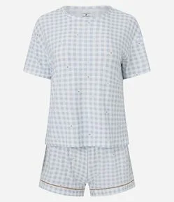 Pijama Curto Feminino Toque Suave Floral Vichy com Pipping