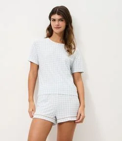 Pijama Curto Feminino Toque Suave Floral Vichy com Pipping