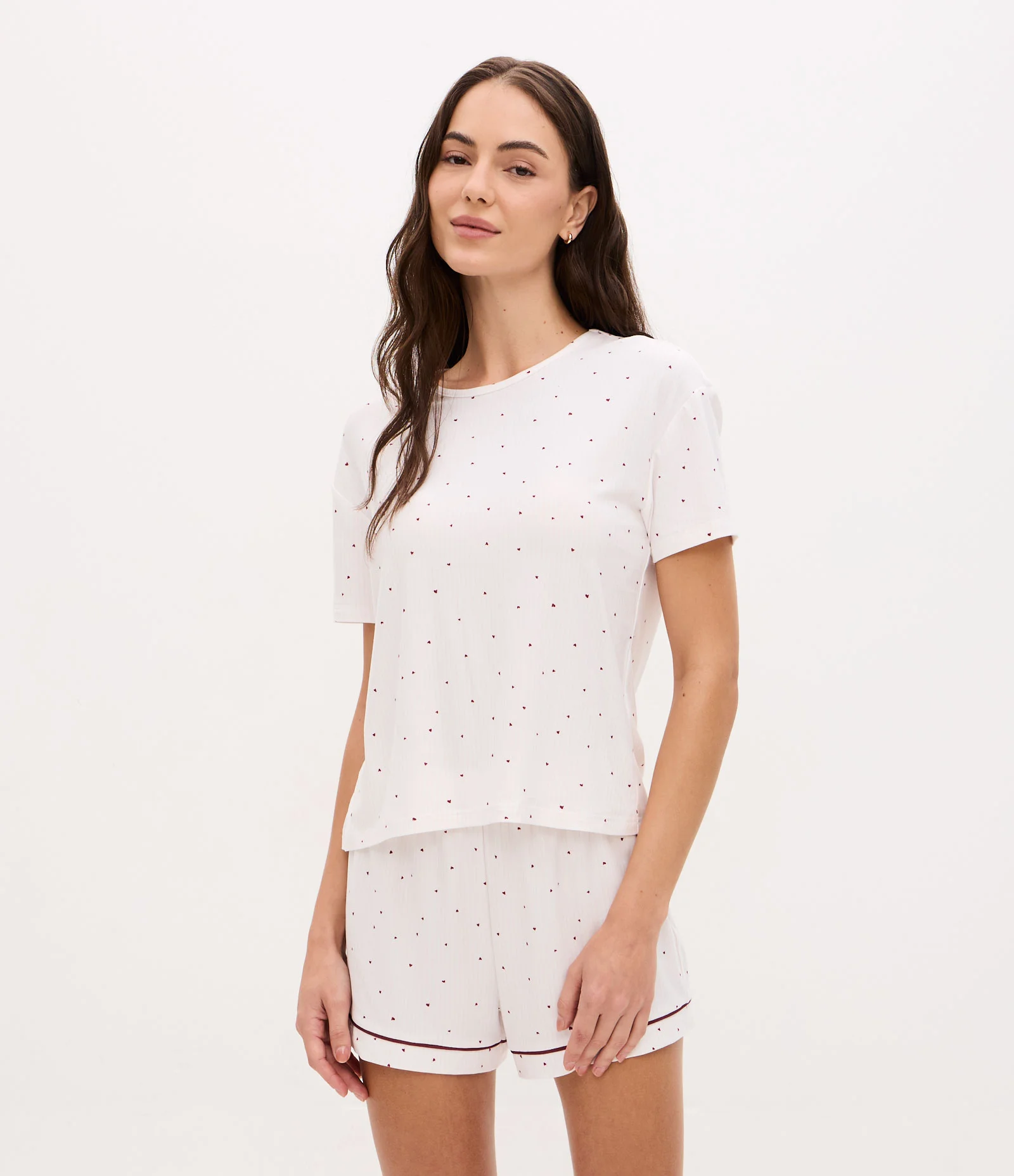 Pijama Short Doll Feminino Toque Suave Corações Bege 2