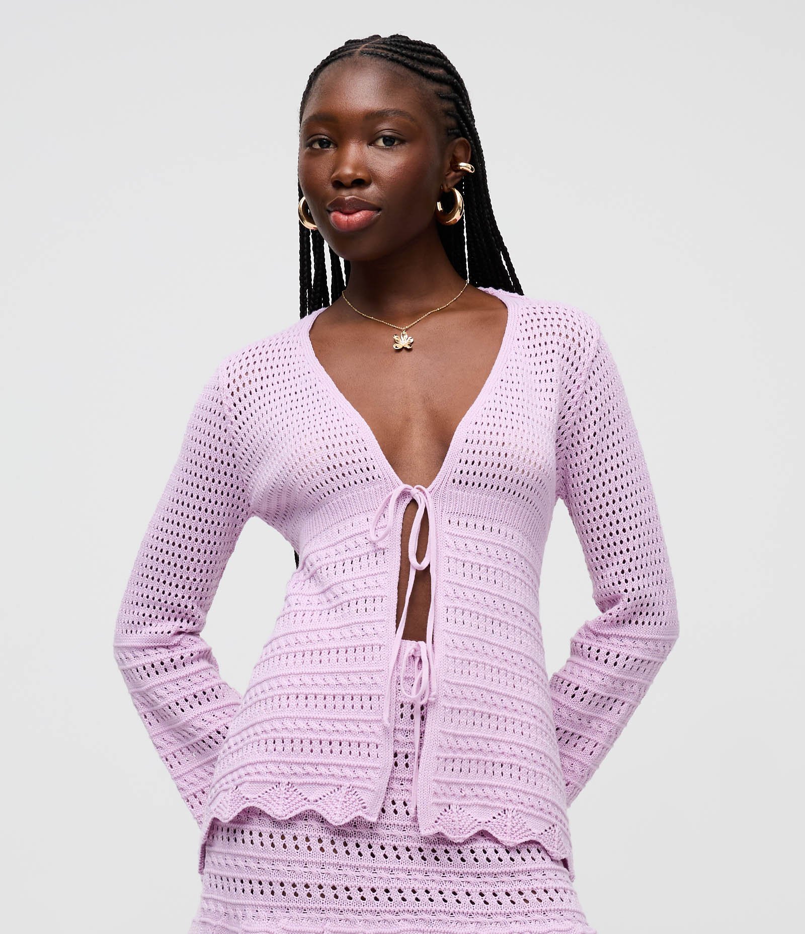Kimono em Tricô com Mix de Pontos e Amarração Roxo
