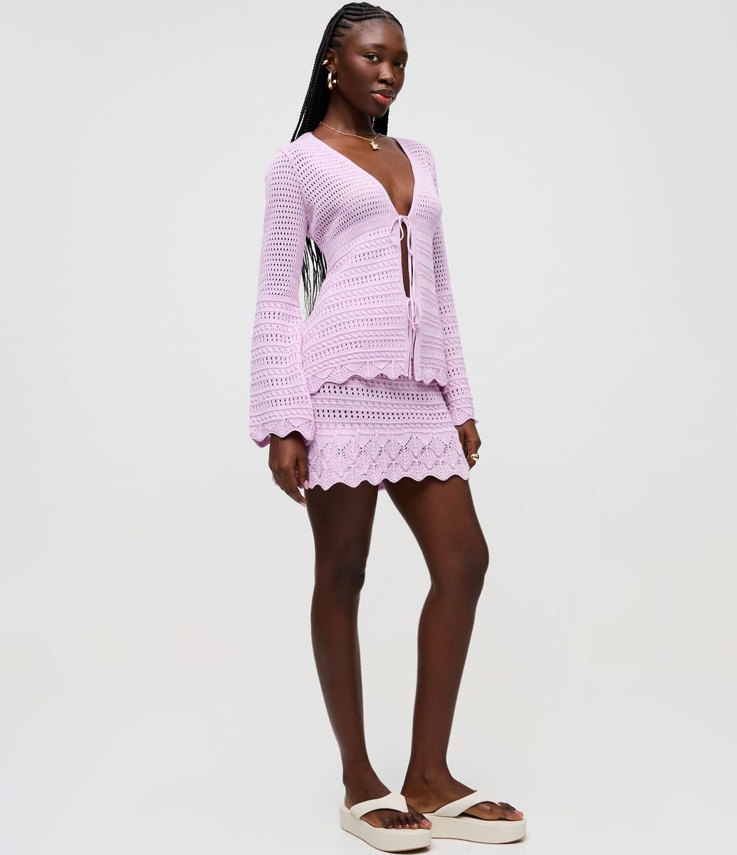 Kimono em Tricô com Mix de Pontos e Amarração Roxo