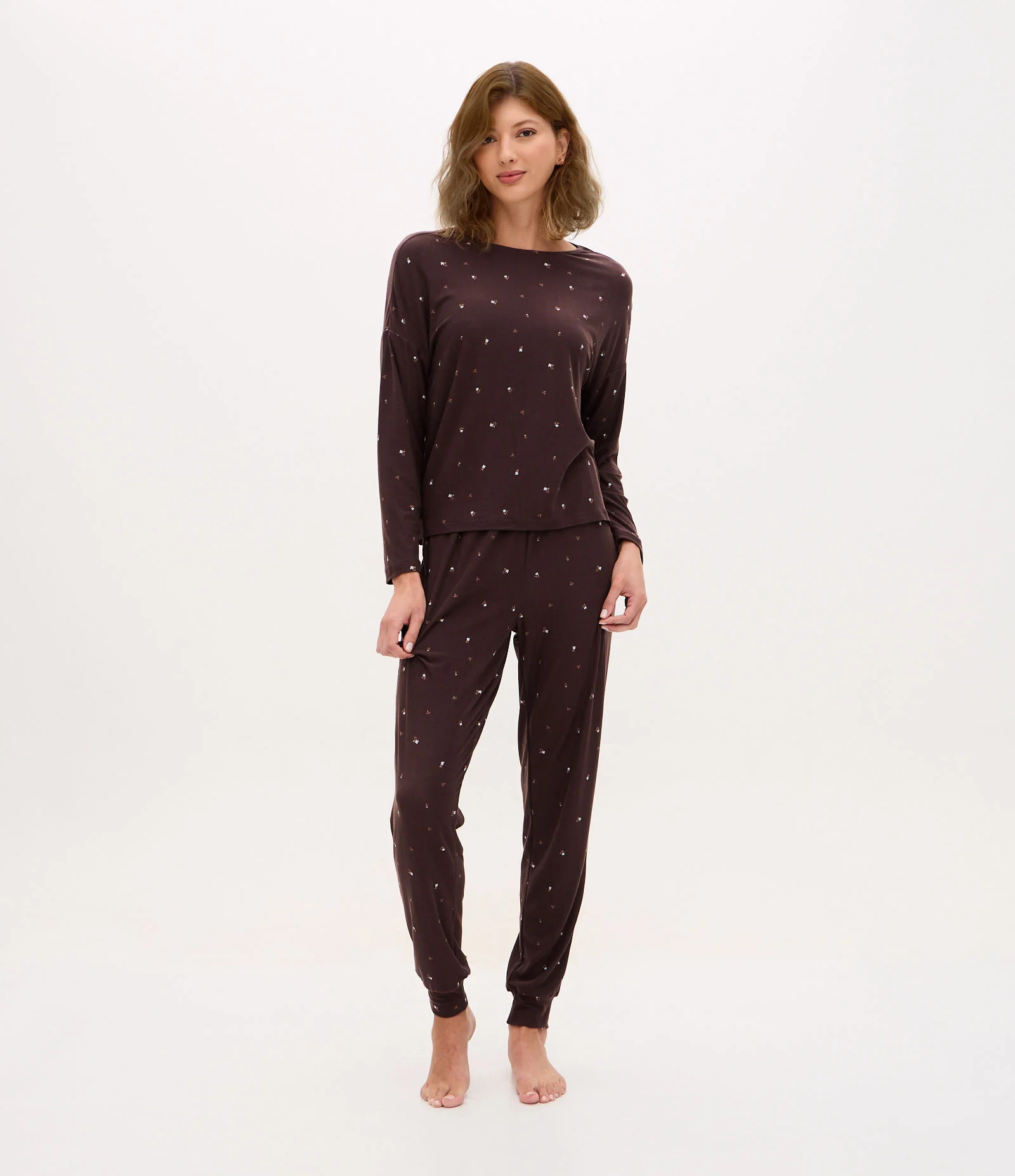 Pijama Longo Jovem Feminino Peach Touch Jogger Marrom 1