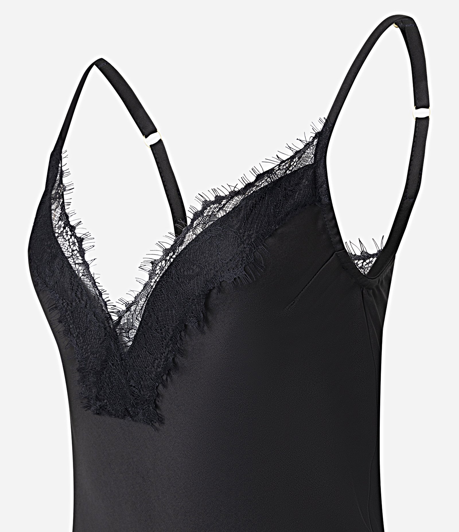 Vestido Boho Slip Dress com Efeito Acetinado e Renda Preto 6