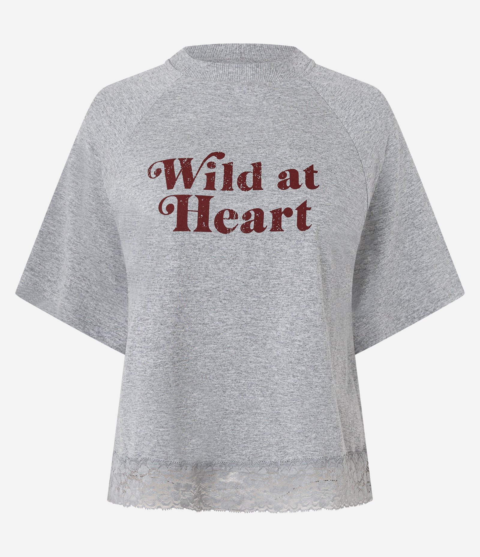 Camiseta em Algodão com Estampa Lettering e Barra em Renda Cinza Mescla 3