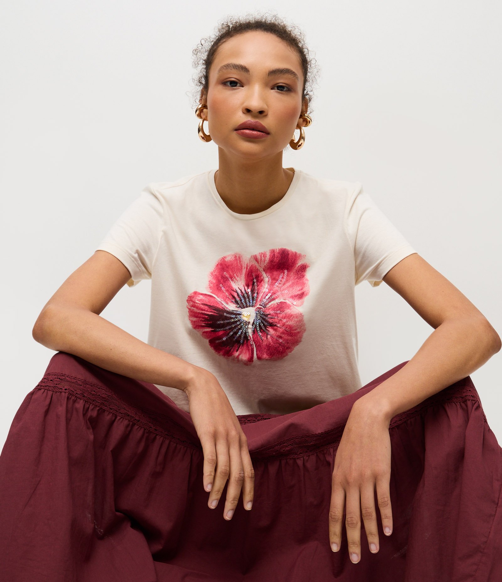 Camiseta em Algodão com Estampa de Flor Off White 1