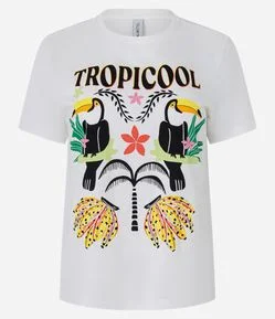 Camiseta em Algodão com Estampa Tropical de Tucanos
