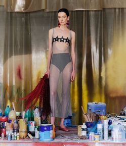 Vestido Longo com Transparência e Fio Metalizado