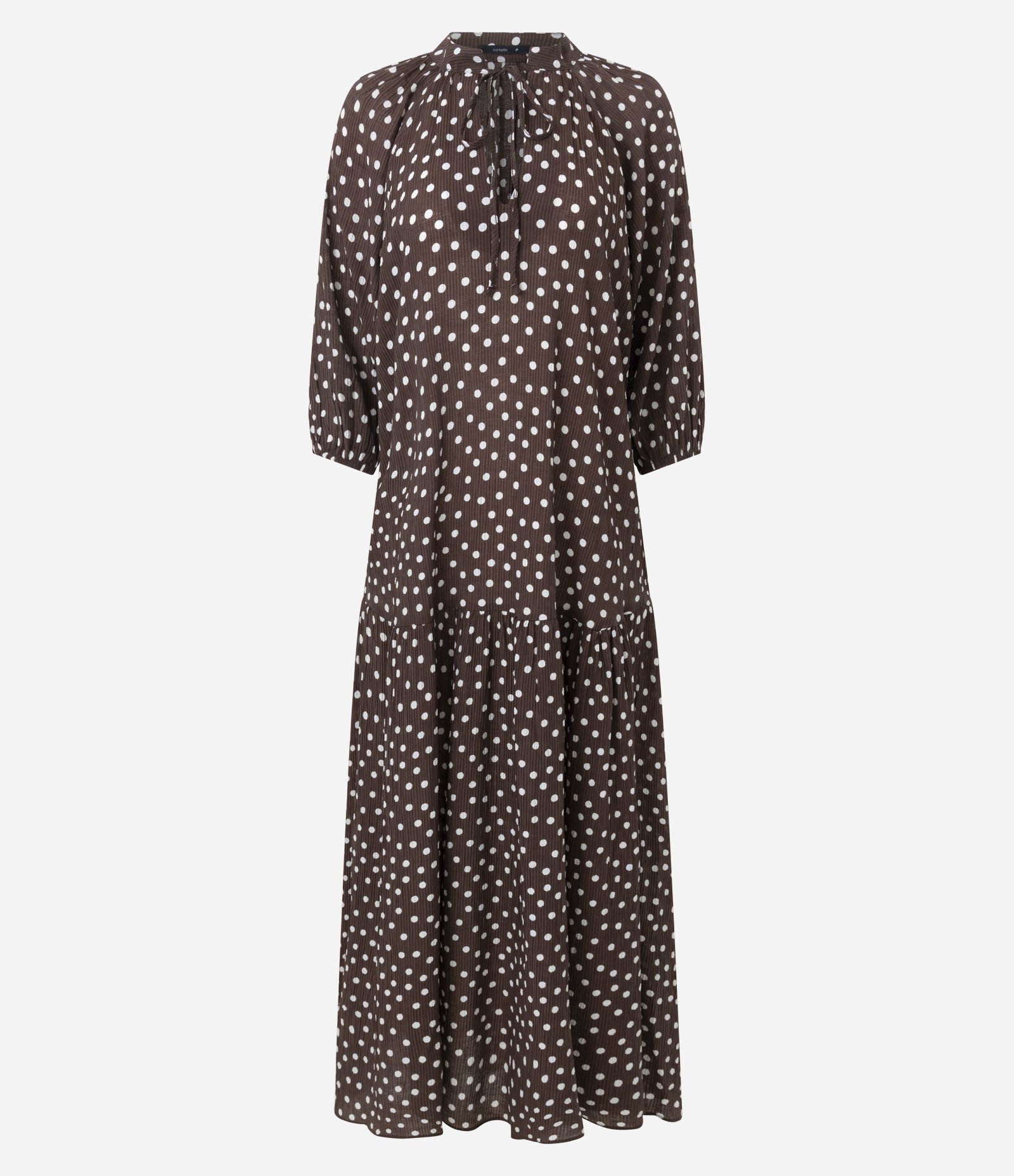 Vestido Midi Manga Longa com Estampa Poa Marrom 1