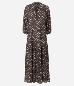 Vestido Midi Manga Longa com Estampa Poa